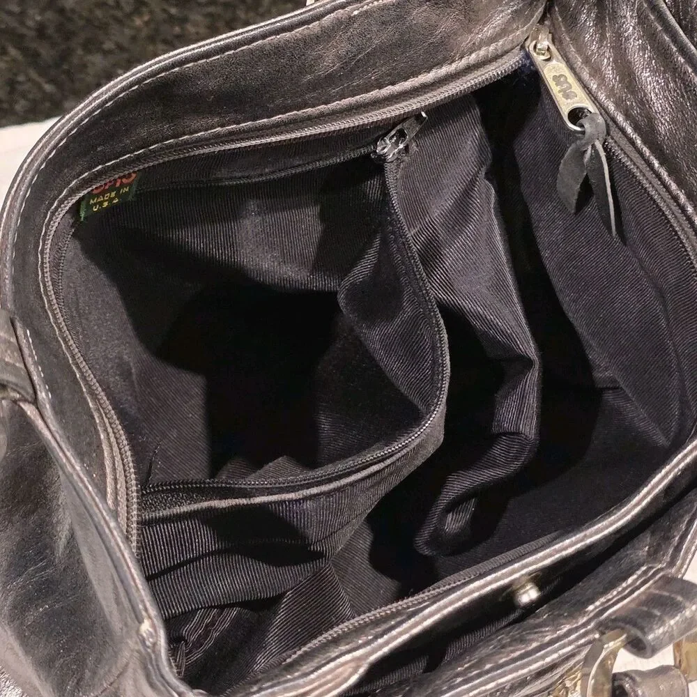 Vintage SHS Metallic Black Textured Leather Multi-Zip Shoulder Bag